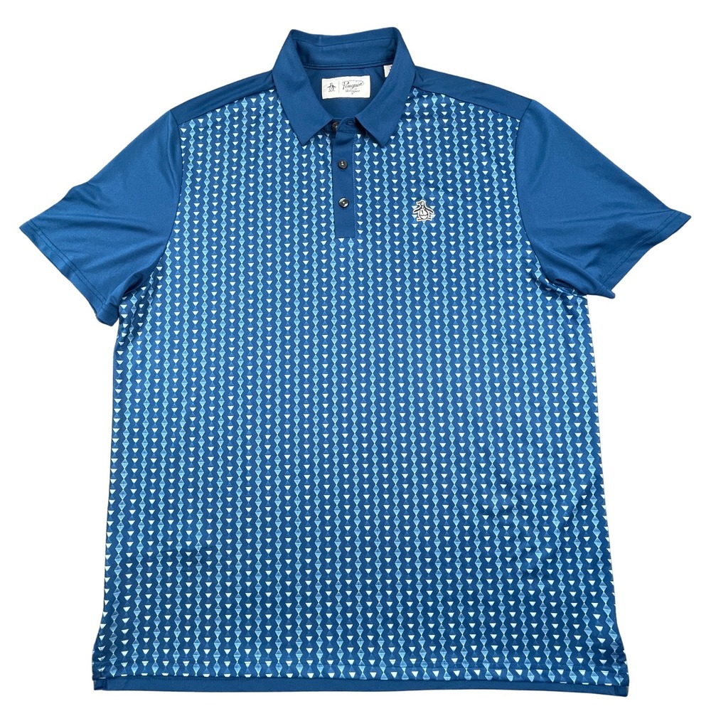 Original Penguin Mens L Golf Polo Shirt Blue Geometric Retro Stretch Performance